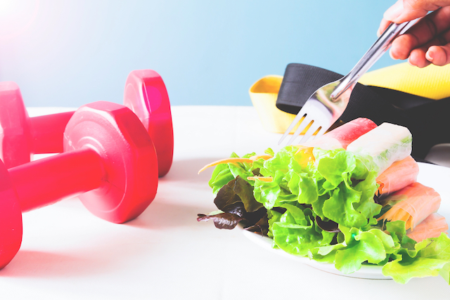 weights and exercise bands during lunch time.