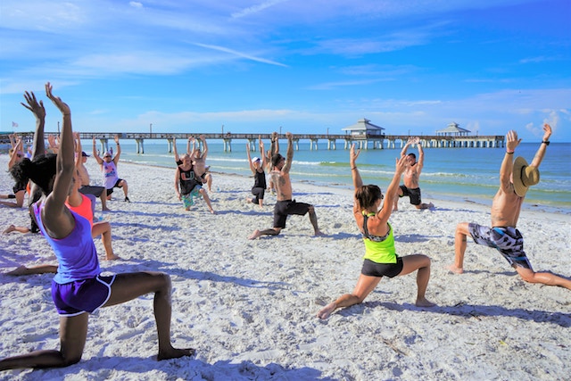 fitness class on the beach.