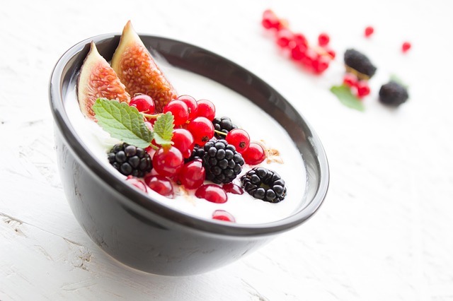 Greek yogurt with fruit topping.