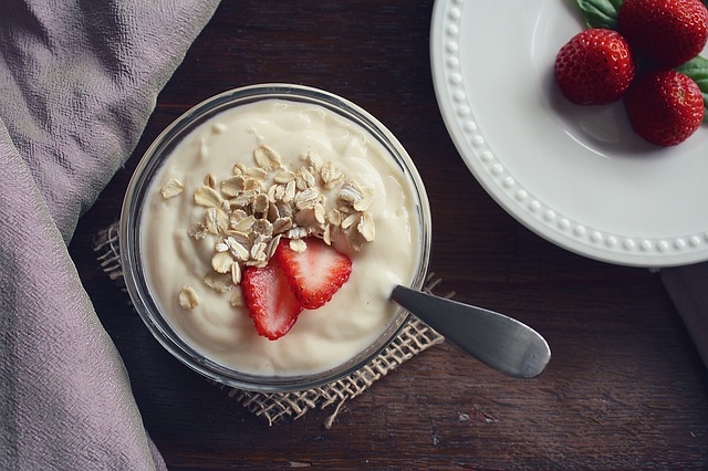 greek yogurt with fruit, a perfect snack before you sleep. 